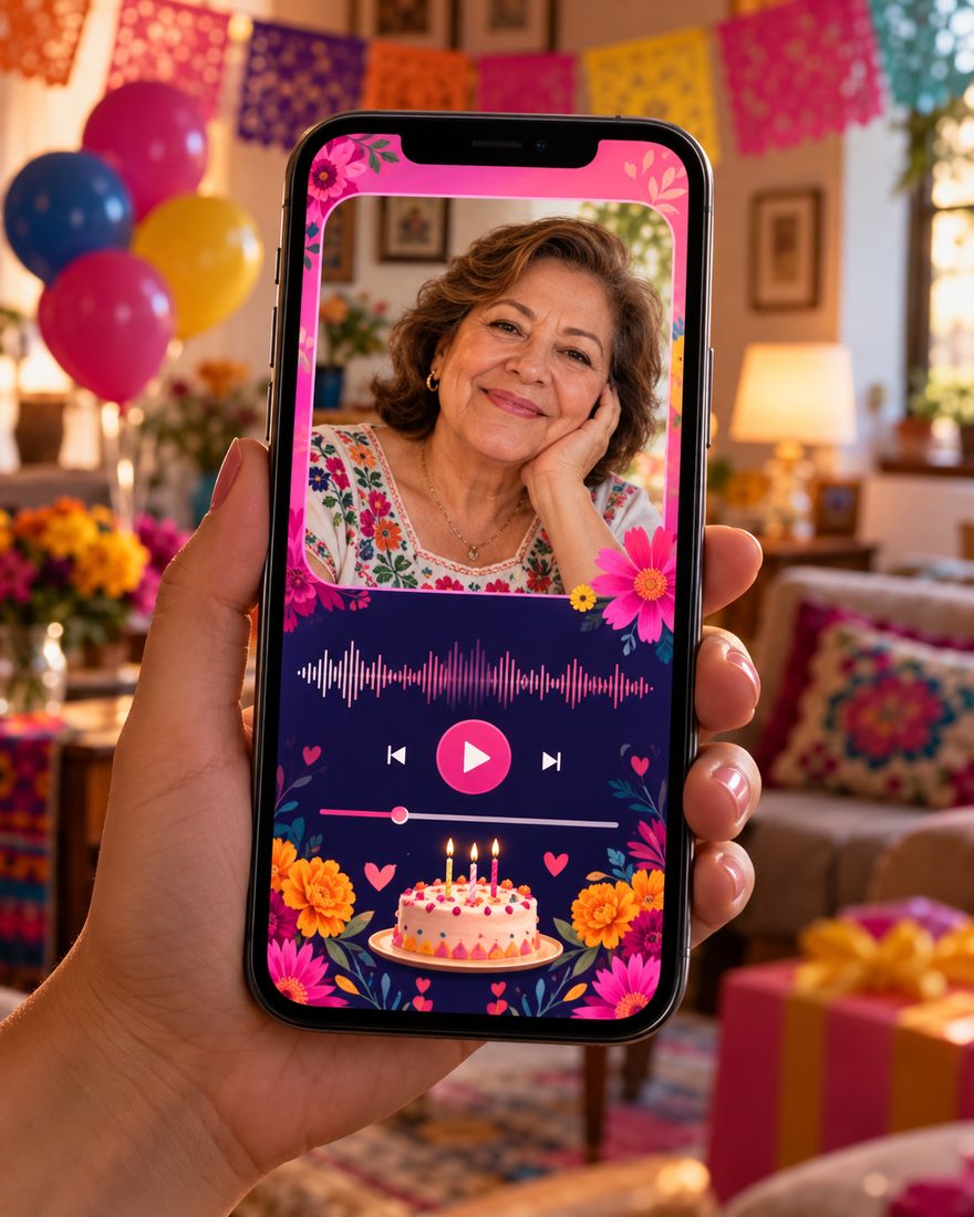 Celular mostrando una tarjeta de regalo de cumpleaños con foto, reproductor de la canción y un pastel